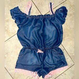 Limited Too Y2K Girls Denim Cold Shoulder Romper Blue and Pink Lace Trim 6x